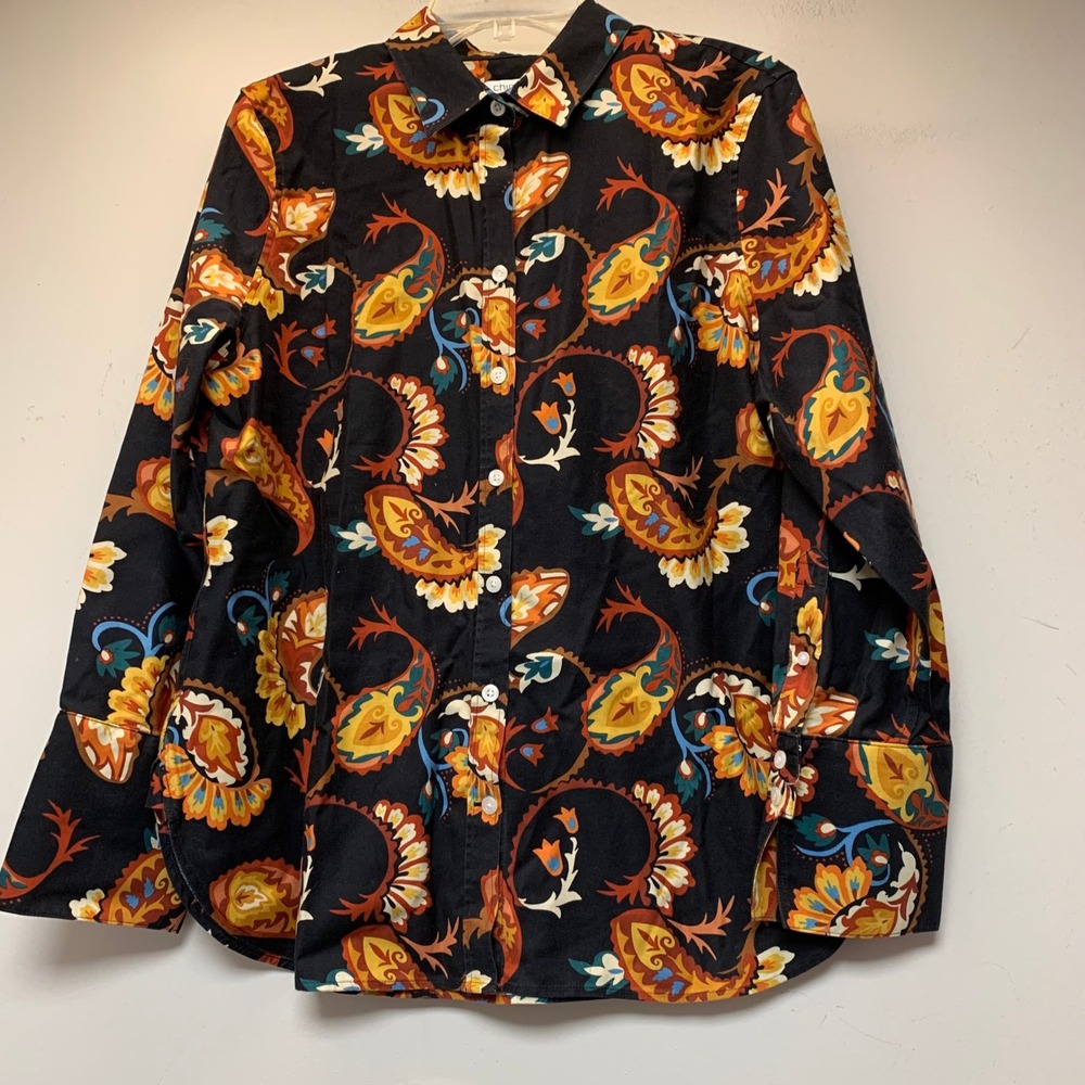 Chico's Button Down Women 1.5 US 10 Black Paisley Excellent Long Sleeve Shirt